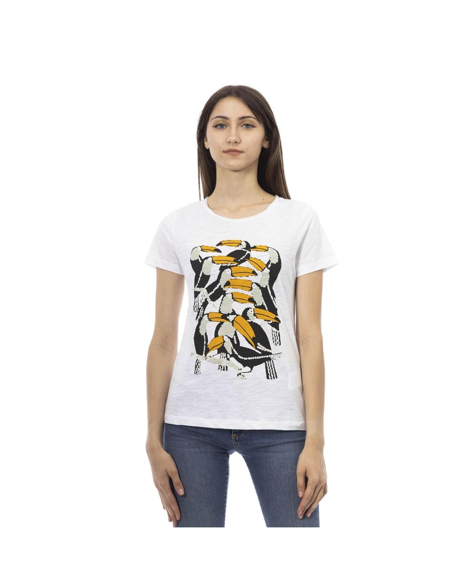 Women's Chic White Short Sleeve Tee with Exclusive Print - M