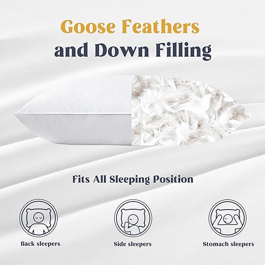 Goose Down and Feather Pillow Inserts for Sleeping, 100% Cotton Fabric Cover Bed Pillows, Set of 2, White, Queen Size