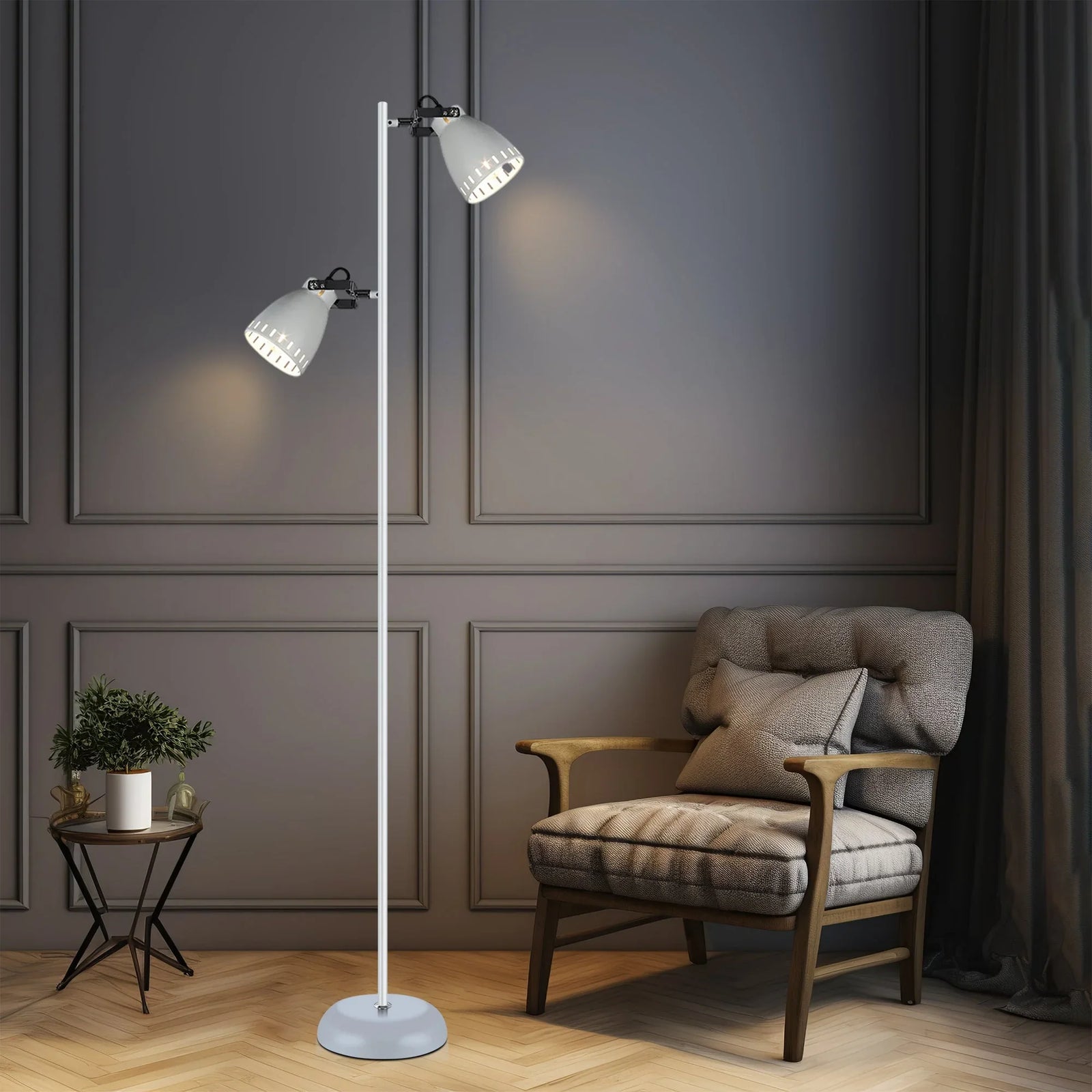 Audrey Floor Lamp – White Metal, Dual Adjustable Heads, Modern 158cm Light