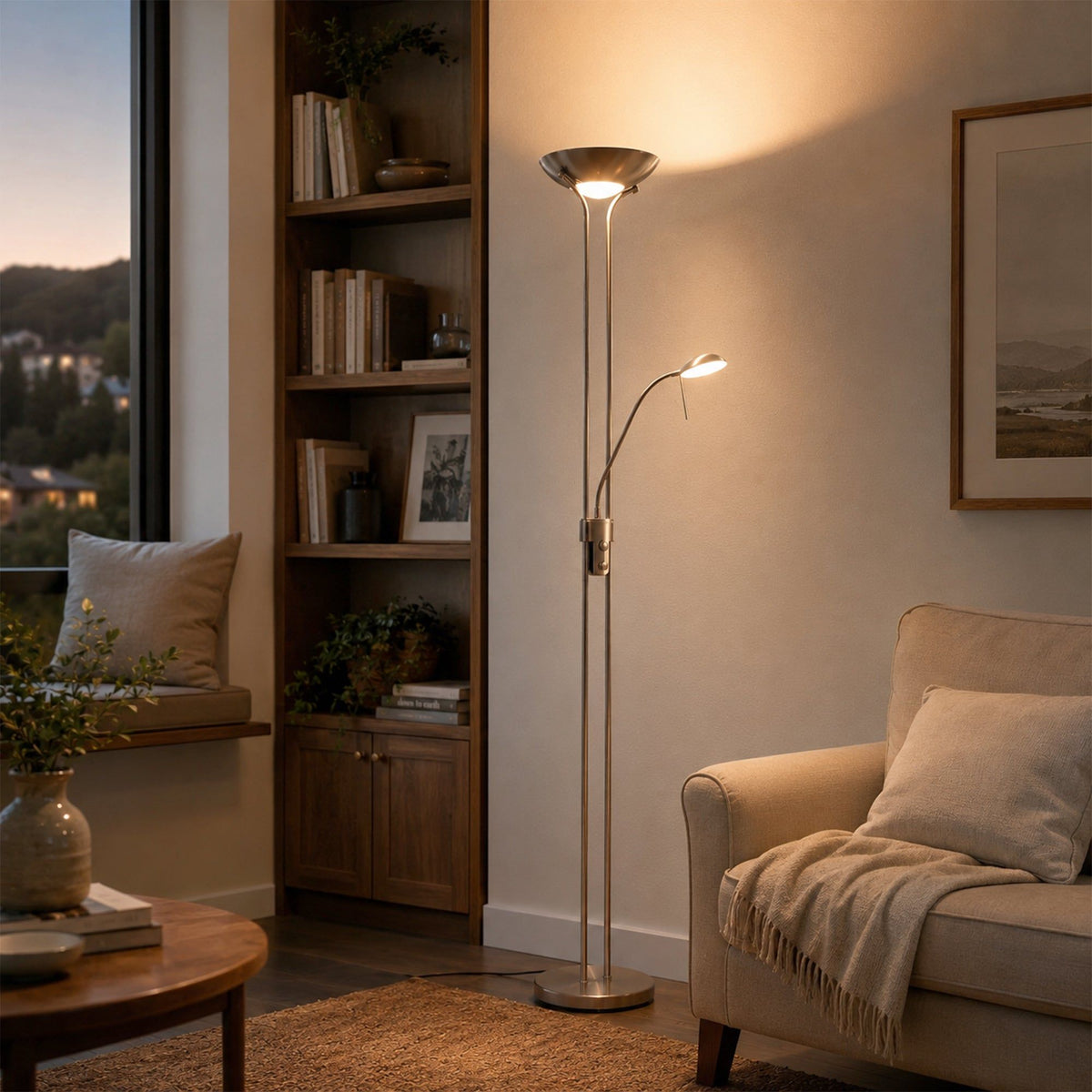 Buckley Dimmable LED Mother and Child Floor Lamp, 180cm, Satin Chrome Base