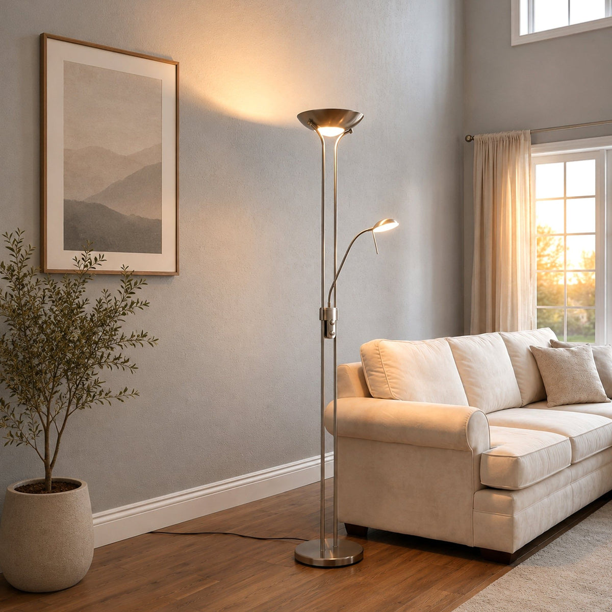 Buckley Dimmable LED Mother and Child Floor Lamp, 180cm, Satin Chrome Base