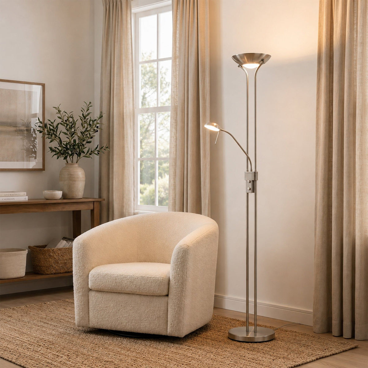 Buckley Dimmable LED Mother and Child Floor Lamp, 180cm, Satin Chrome Base
