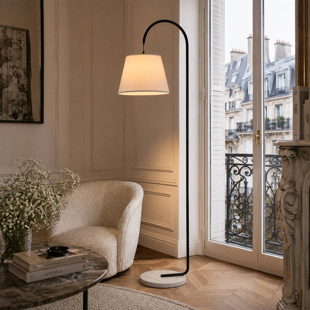 Thea Floor Lamp White Marble Base Black Pole Linen Shade Mid-Century