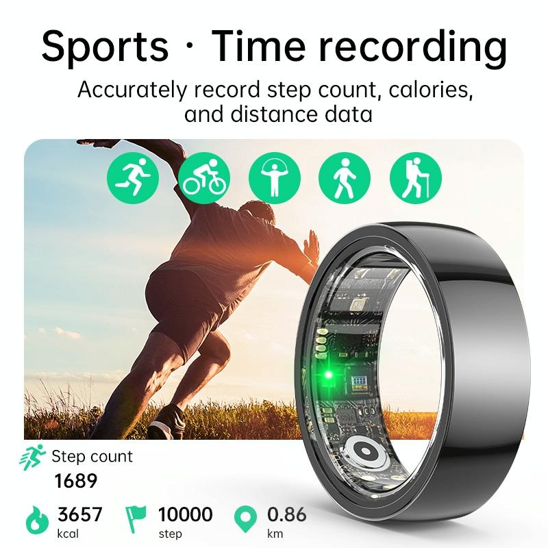 Smart Ring With Heart Rate Blood Oxygen Sleep & Sports Modes - Size 9 - Black