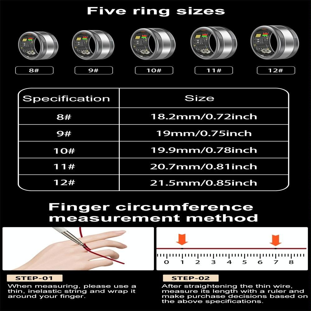 Smart Ring With Heart Rate Blood Oxygen Sleep Tracking - R18 Size 9 - Black