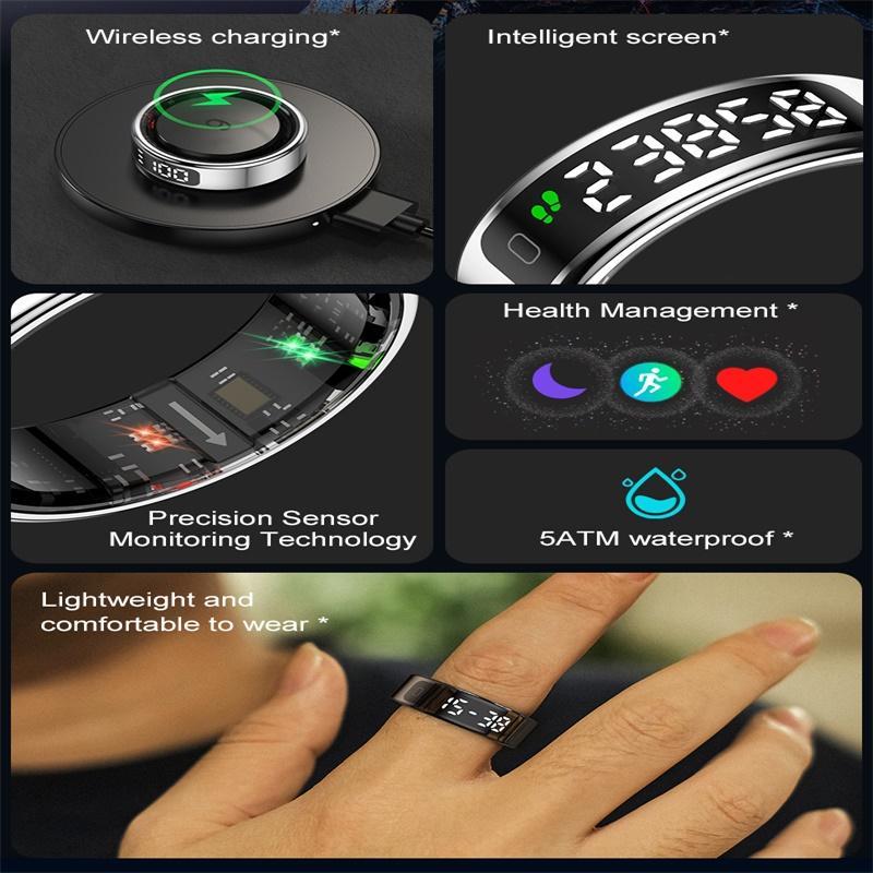 Smart Ring Heart Rate Blood Oxygen Sleep Sports Size 9 - Black