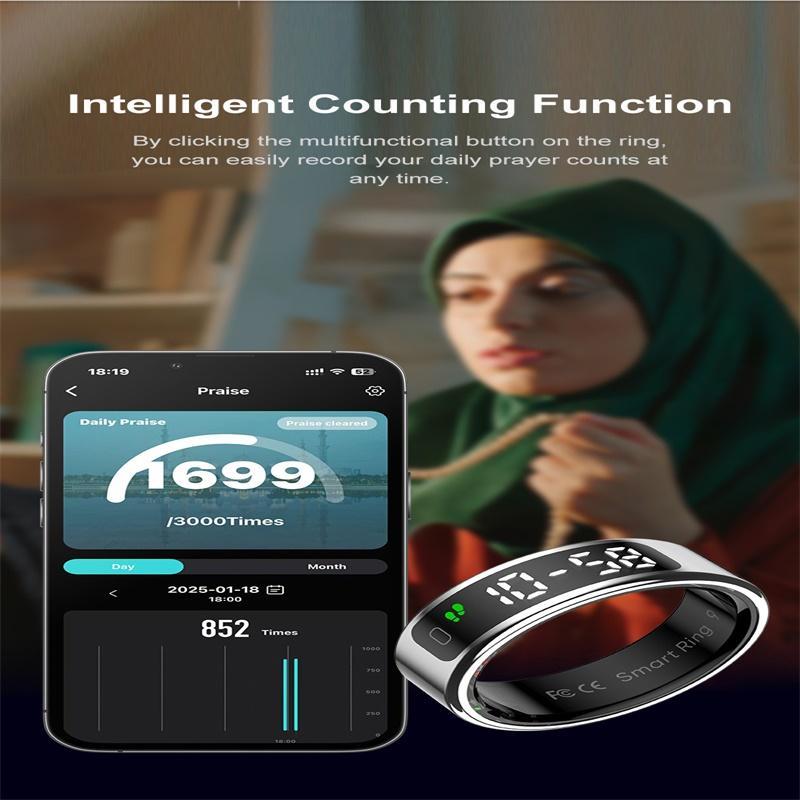 Smart Ring Heart Rate Blood Oxygen Sleep Sports Size 9 - Black