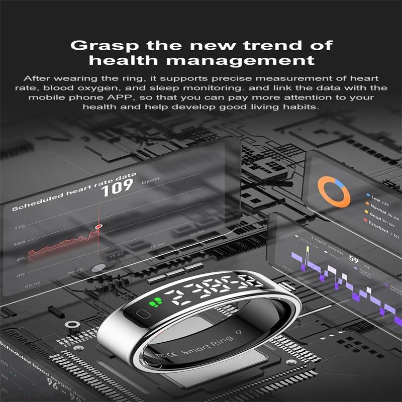 Smart Ring Heart Rate Blood Oxygen Sleep Sports Size 9 - Black