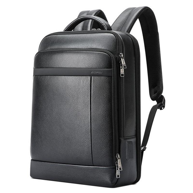 Large-Capacity Business Laptop Backpack With Usb & Type-C Port - Black First-Layer Cowhide