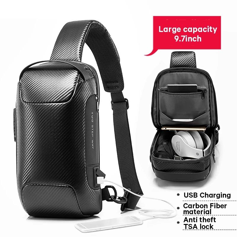 Carbon Fiber Anti Theft Waterproof Crossbody Chest Bag For Men & Women 34 X 18 X 10Cm - Black