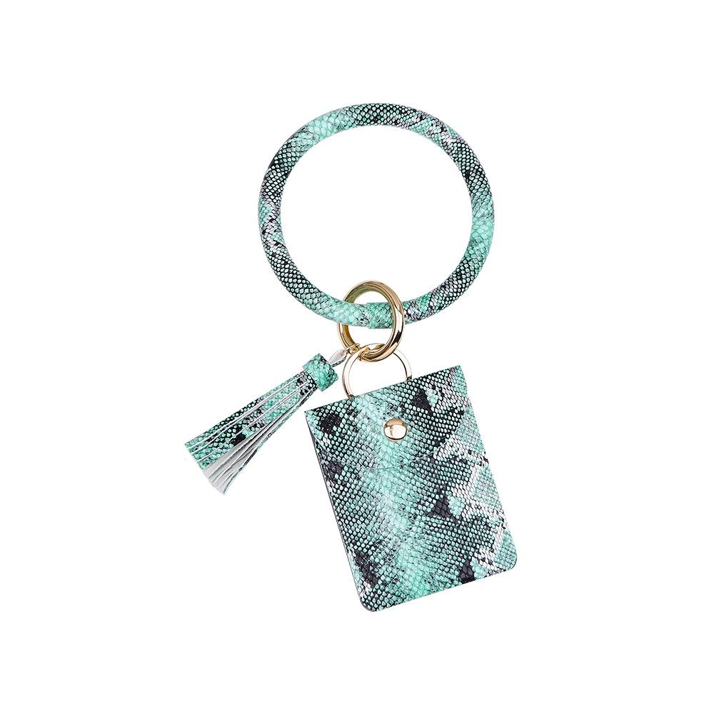 Snake Print Wrist Keychain Coin Purse Black Pu Leather Bracelet Card Case - Green