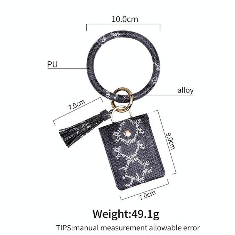 Snake Print Wrist Keychain Coin Purse Black Pu Leather Bracelet Card Case - Green