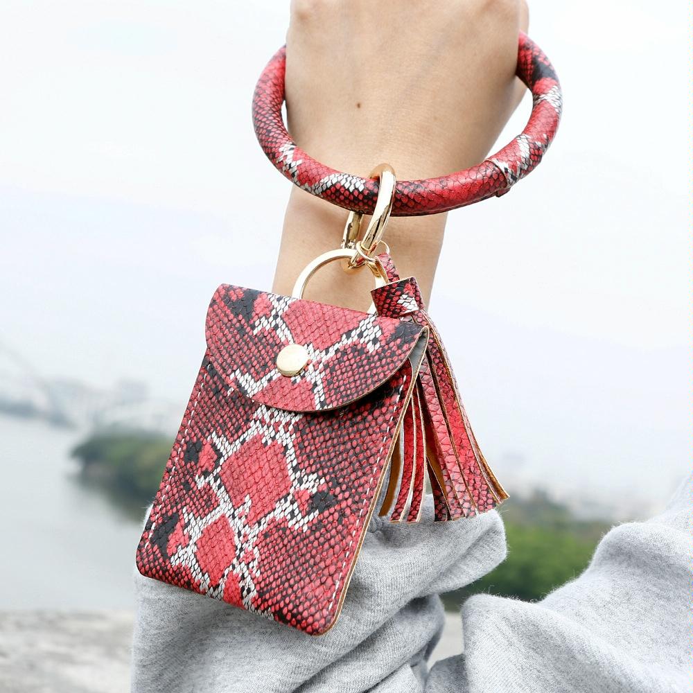 Snake Print Wrist Keychain Coin Purse Black Pu Leather Bracelet Card Case - Green