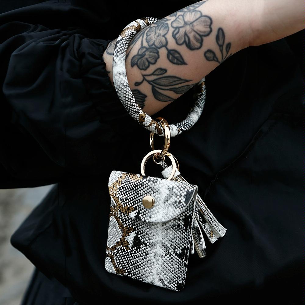 Snake Print Wrist Keychain Coin Purse Black Pu Leather Bracelet Card Case - Green