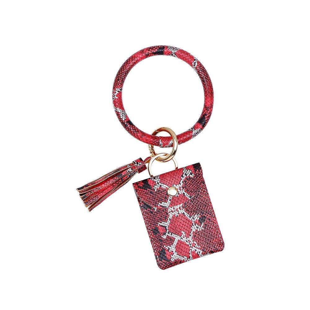Snake Print Wrist Keychain Coin Purse Black Pu Leather Bracelet Card Case - Green