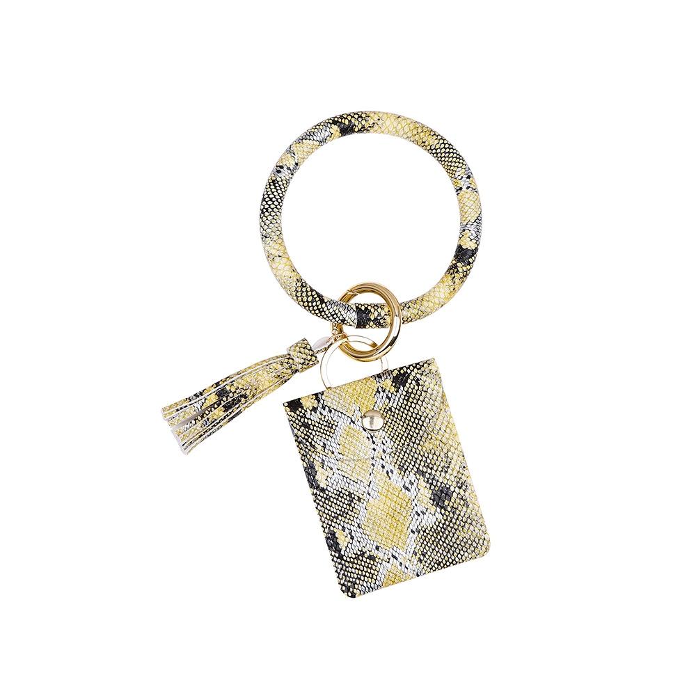 Snake Print Wrist Keychain Coin Purse Black Pu Leather Bracelet Card Case - Green
