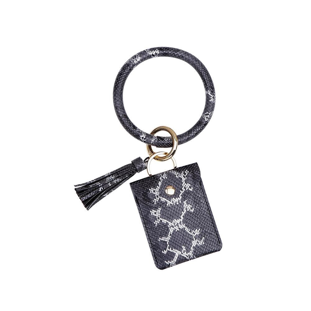 Snake Print Wrist Keychain Coin Purse Black Pu Leather Bracelet Card Case - Green