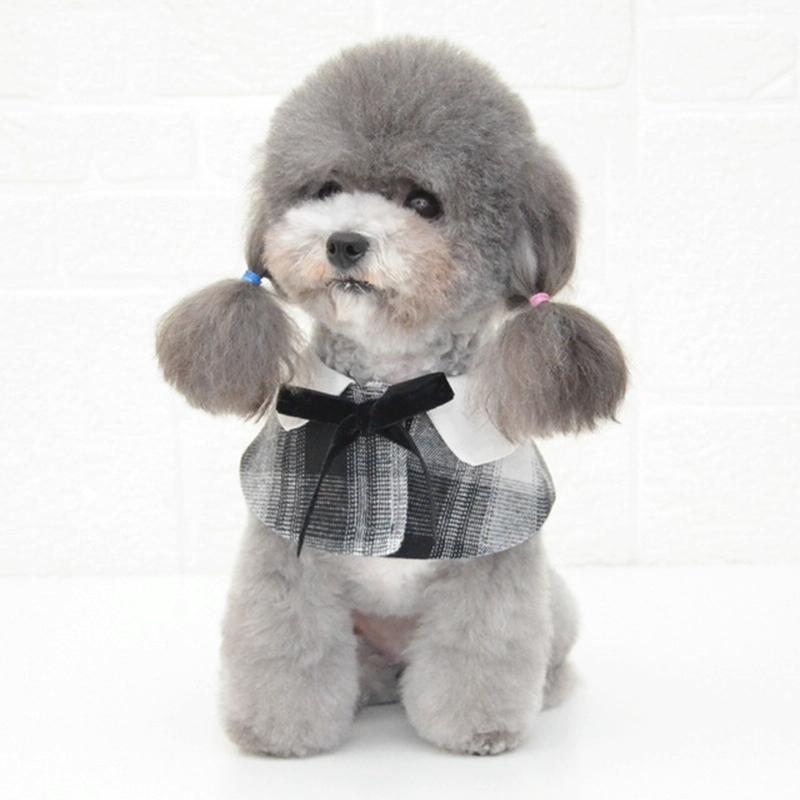 Dog Shawl Small Cloak Pet Bow Ttie Saliva Towel Pet Accessories - Size M - Gray Yellow Grid