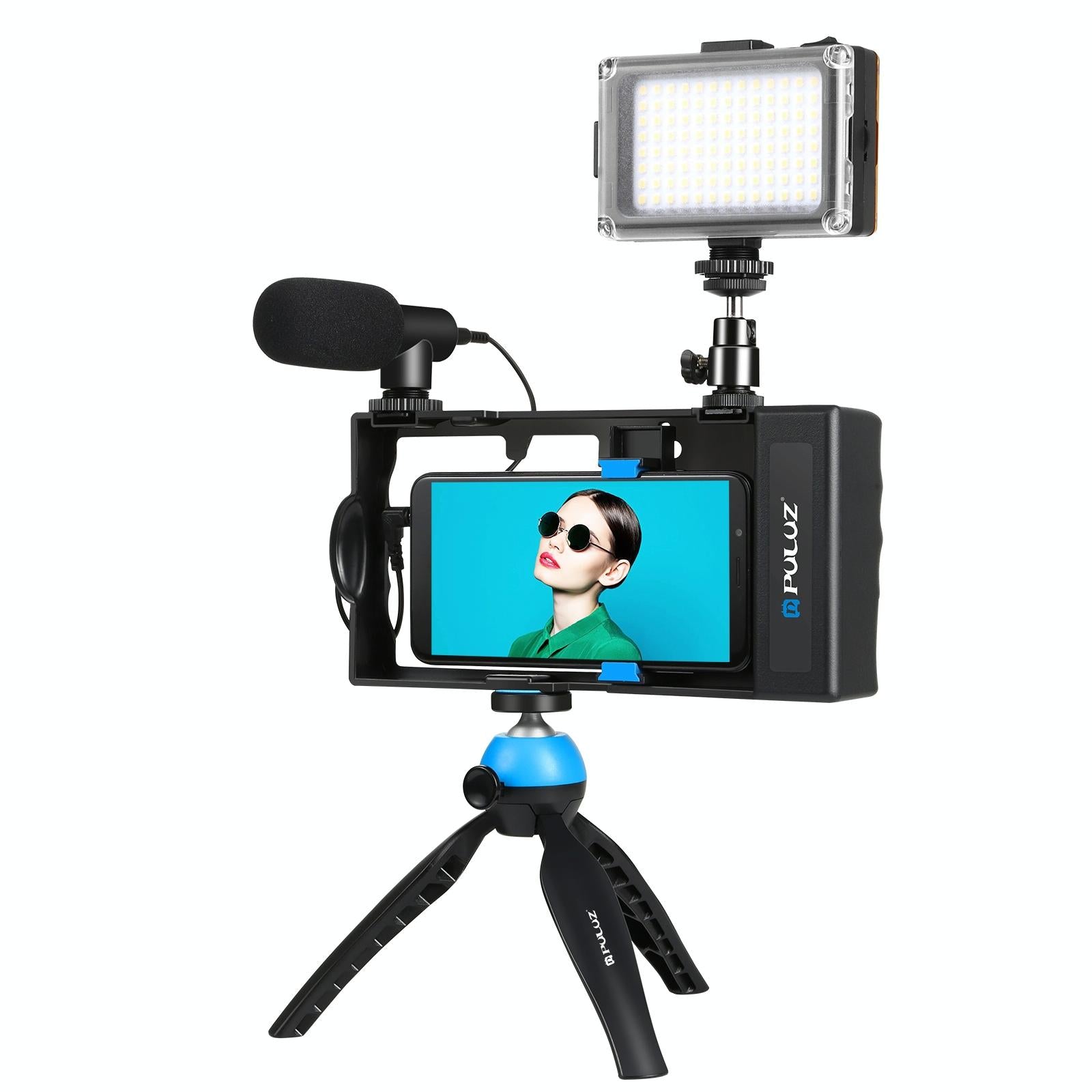 Bluetooth Vlogging Kit With Led Light Mic Tripod - Blue