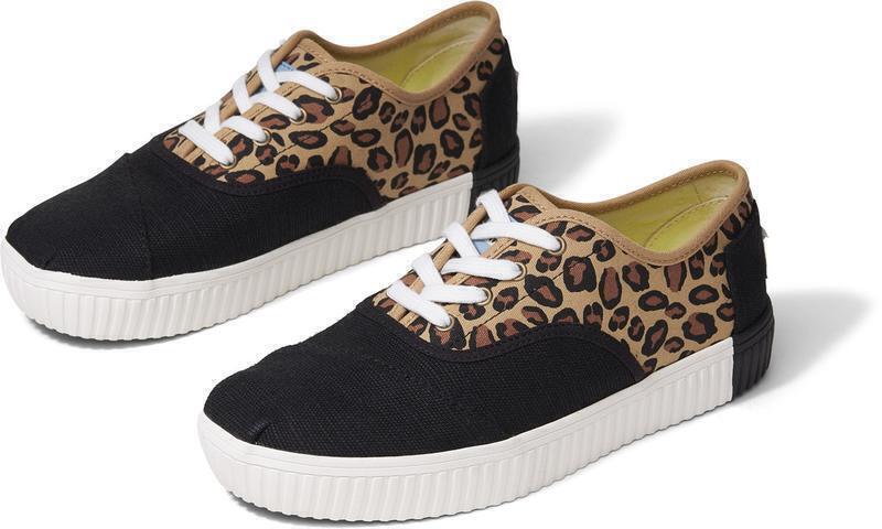 Womens Casual Canvas Shoes Sneakers Flats Low Cut - Black/Leopard - US Women 7