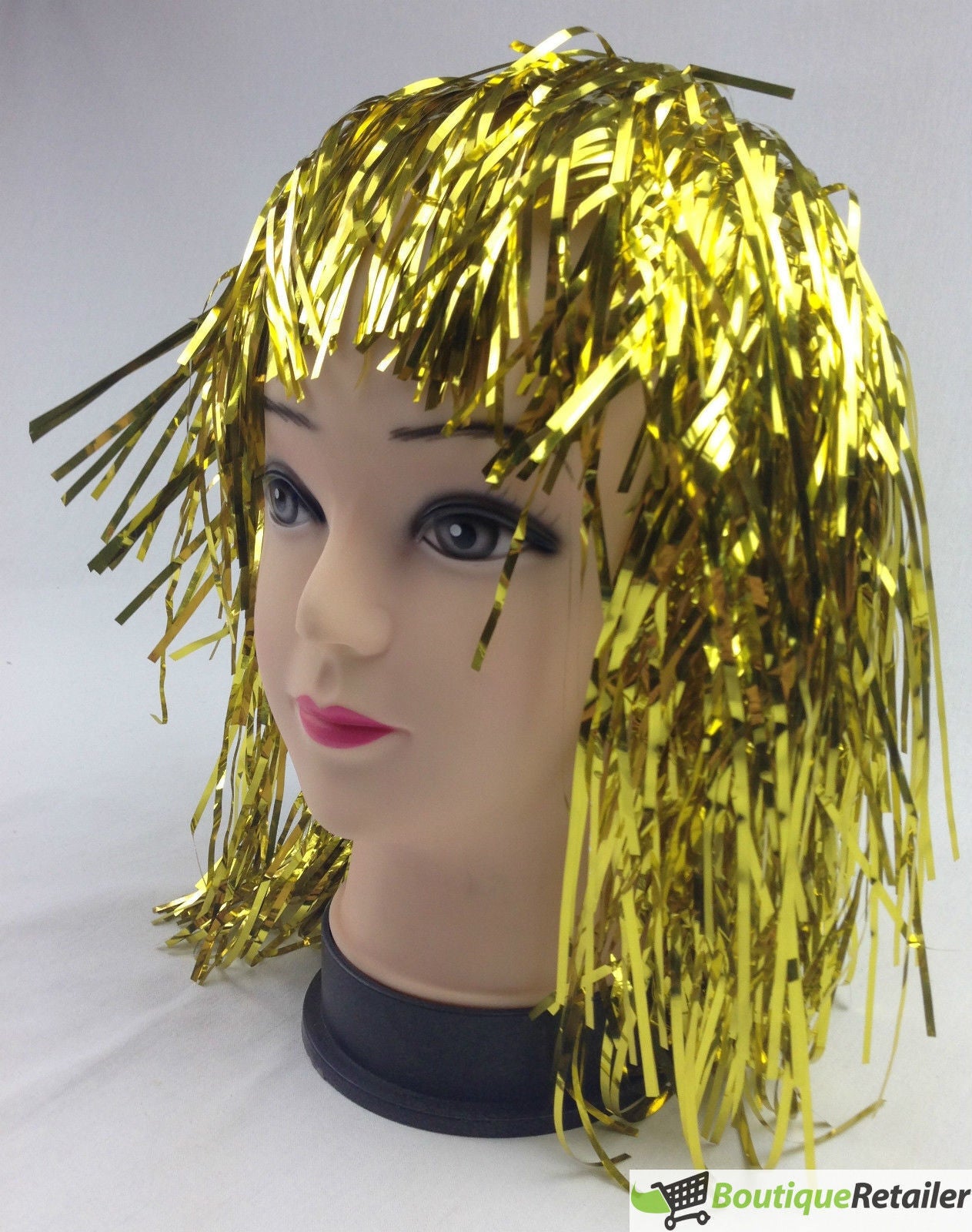 Tinsel Metallic Wig 70s 50s 20s Costume Mens Womens Unisex Disco Fancy Dress Up - Gold/Yellow