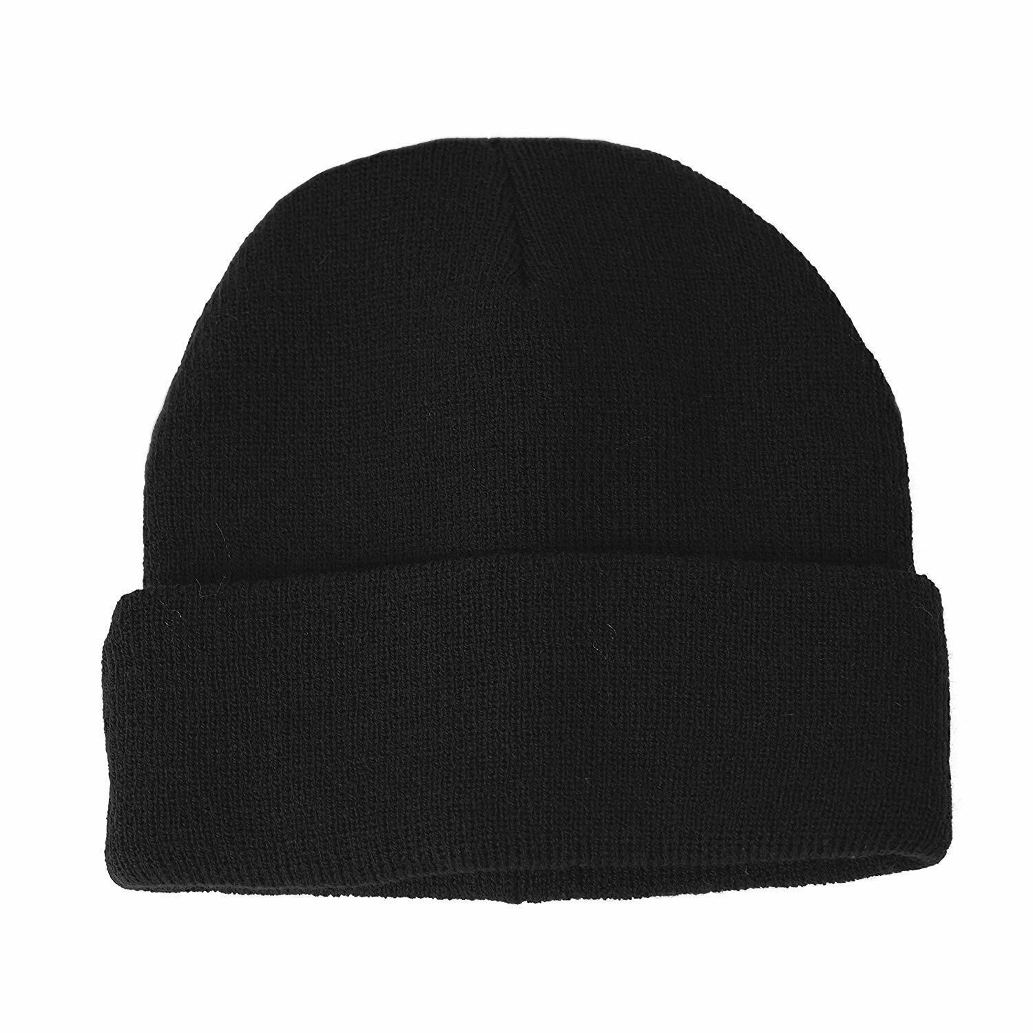 Fine Knit Turn Up Beanie Warm Winter Hat Plain Ski Thermal - Black