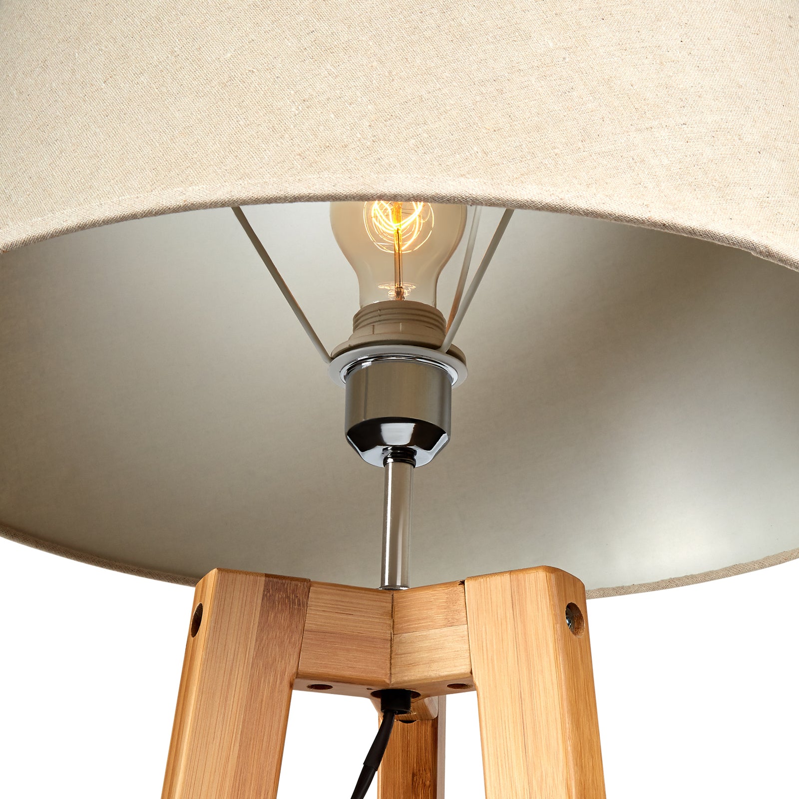 155cm Large Bamboo Wooden Tripod Floor Lamp w Beige Linen Light Shade