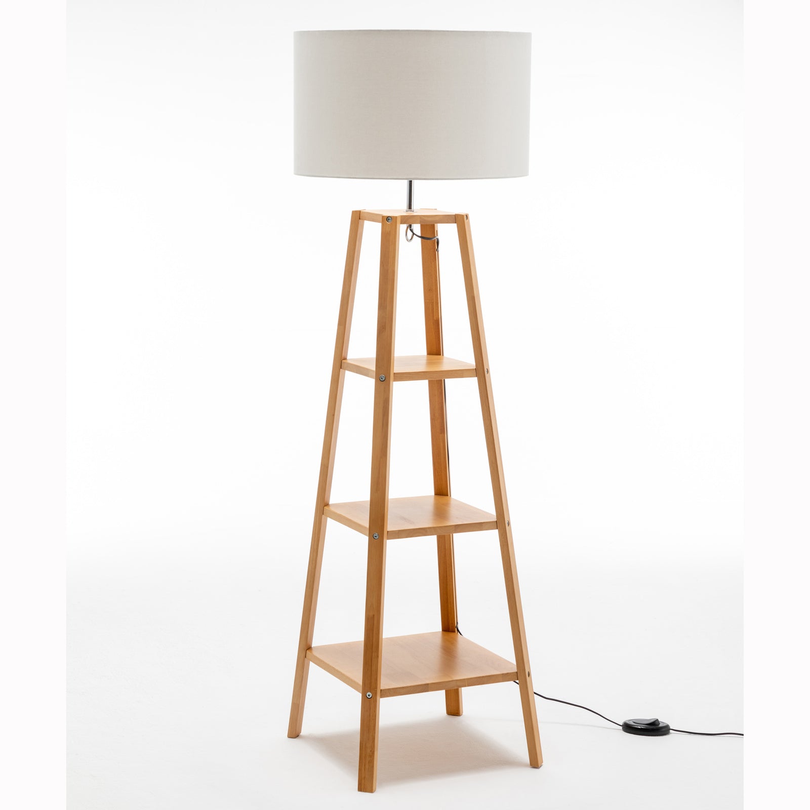 Eiffel 3 Tier Natural Wood Floor Lamp w/ Storage Shelves + Off White Linen Shade