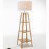 Eiffel 3 Tier Natural Wood Floor Lamp w/ Storage Shelves + Off White Linen Shade