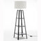 Eiffel 3 Tier Natural Wood Floor Lamp w/ Storage Shelves + Off White Linen Shade