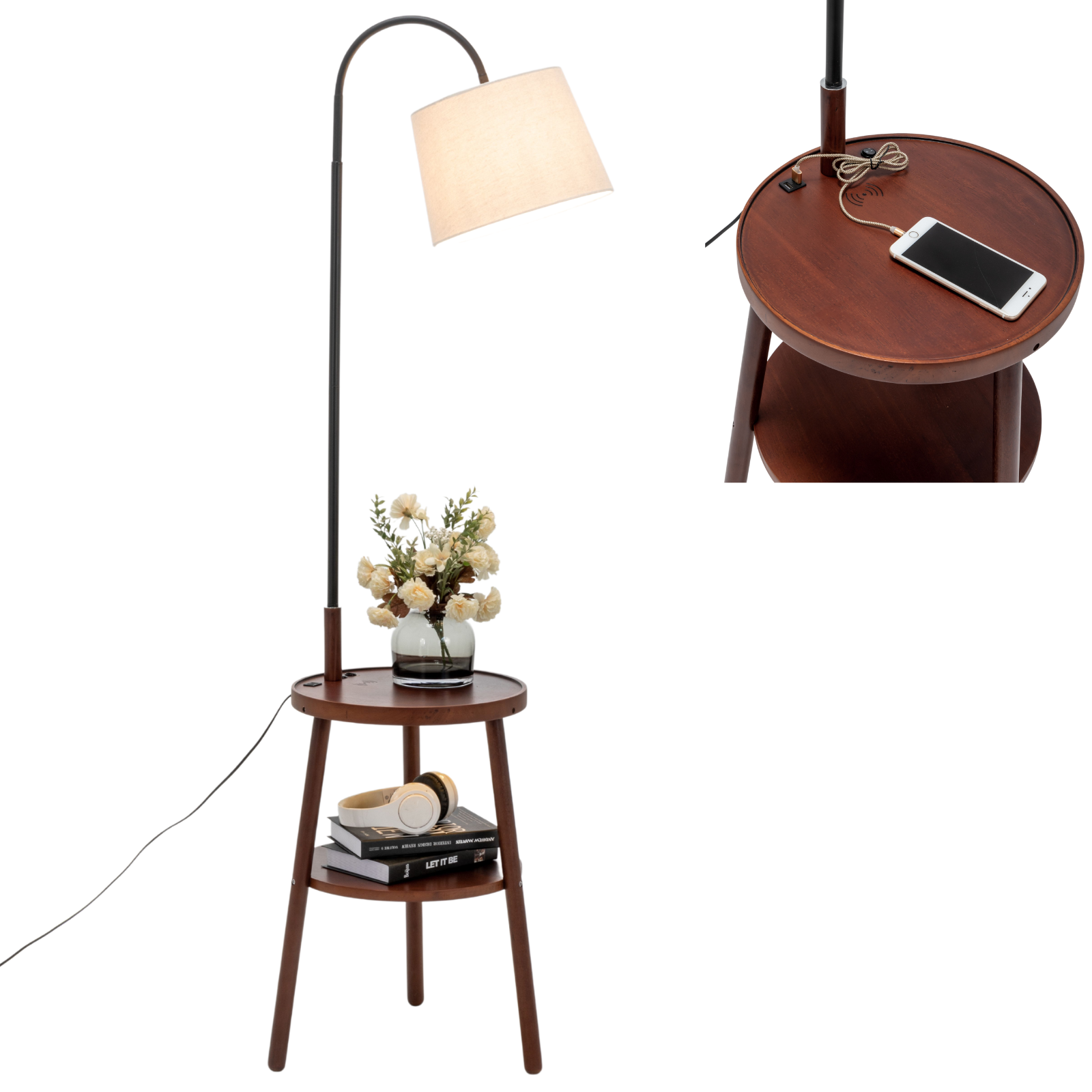 Naples Tripod Floor Lamp Shelf Storage Drawer Bed Side Table Light w/ USB Charger