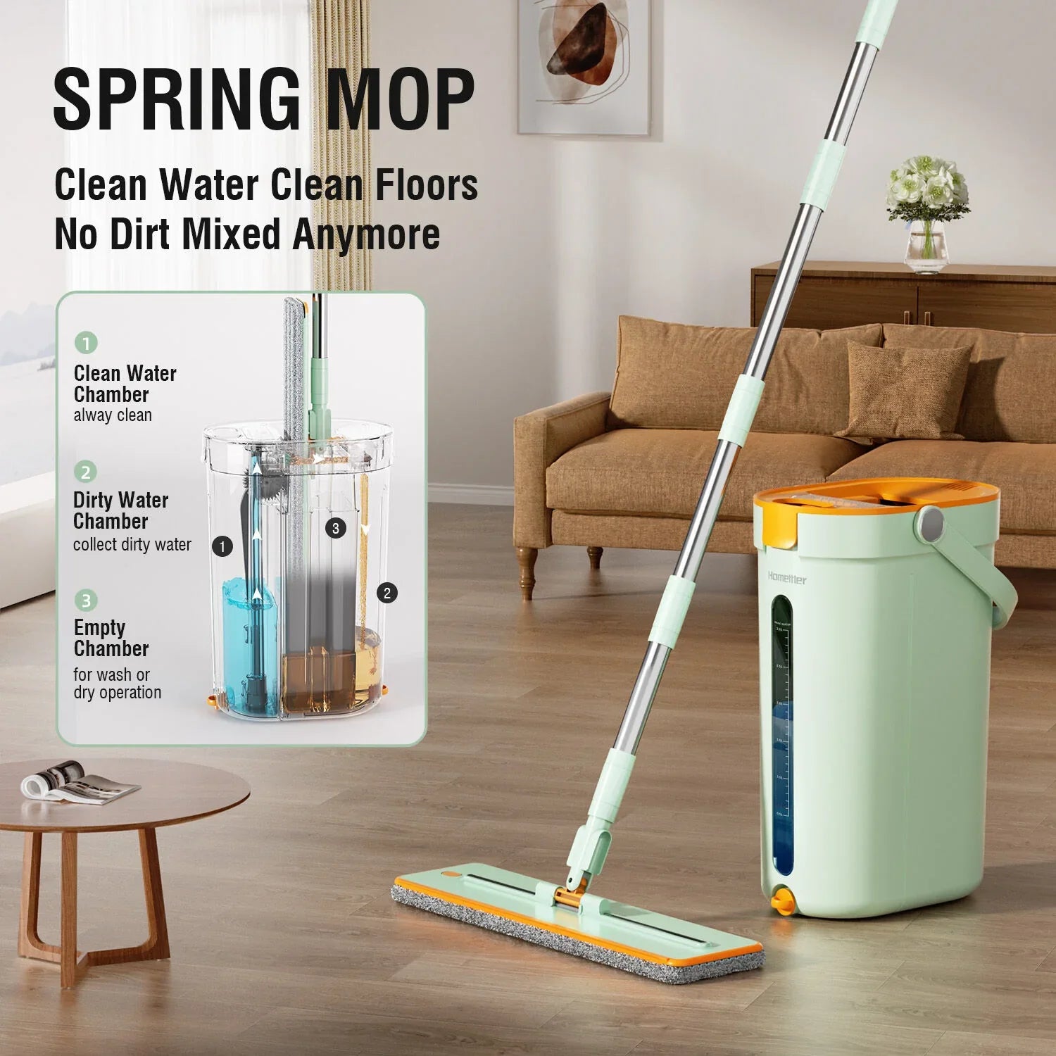 Premium Microfiber Flat Mop Bucket Set w/ Clean & Dirty Water Separation 360 Degree - Light Green