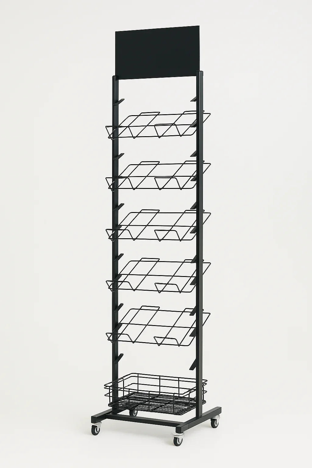 12 Tier Placemat Brochure Magazine Newspaper Display Rack Storage Stand on Wheels - Black Frame