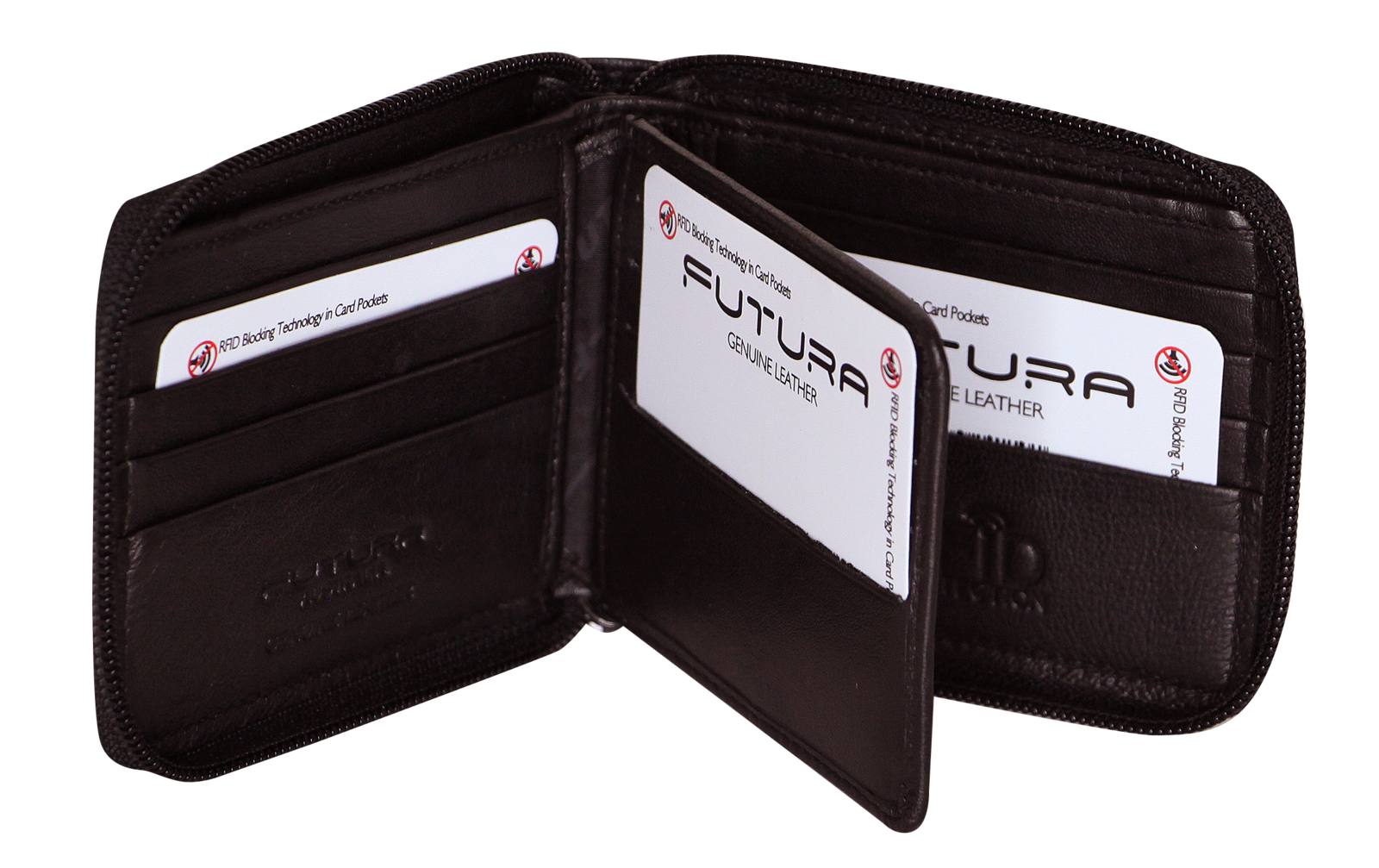 Mens Zip Around Leather Wallet RFID Gift - Black