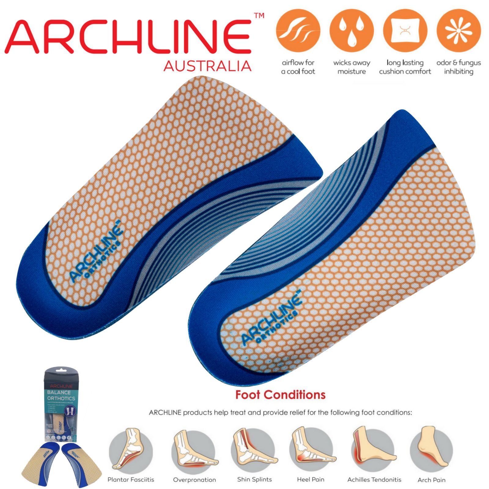 ARCHLINE 3/4 Slim Orthotics Plantar Fasciitis Insoles Balance Support Relief - EUR 36