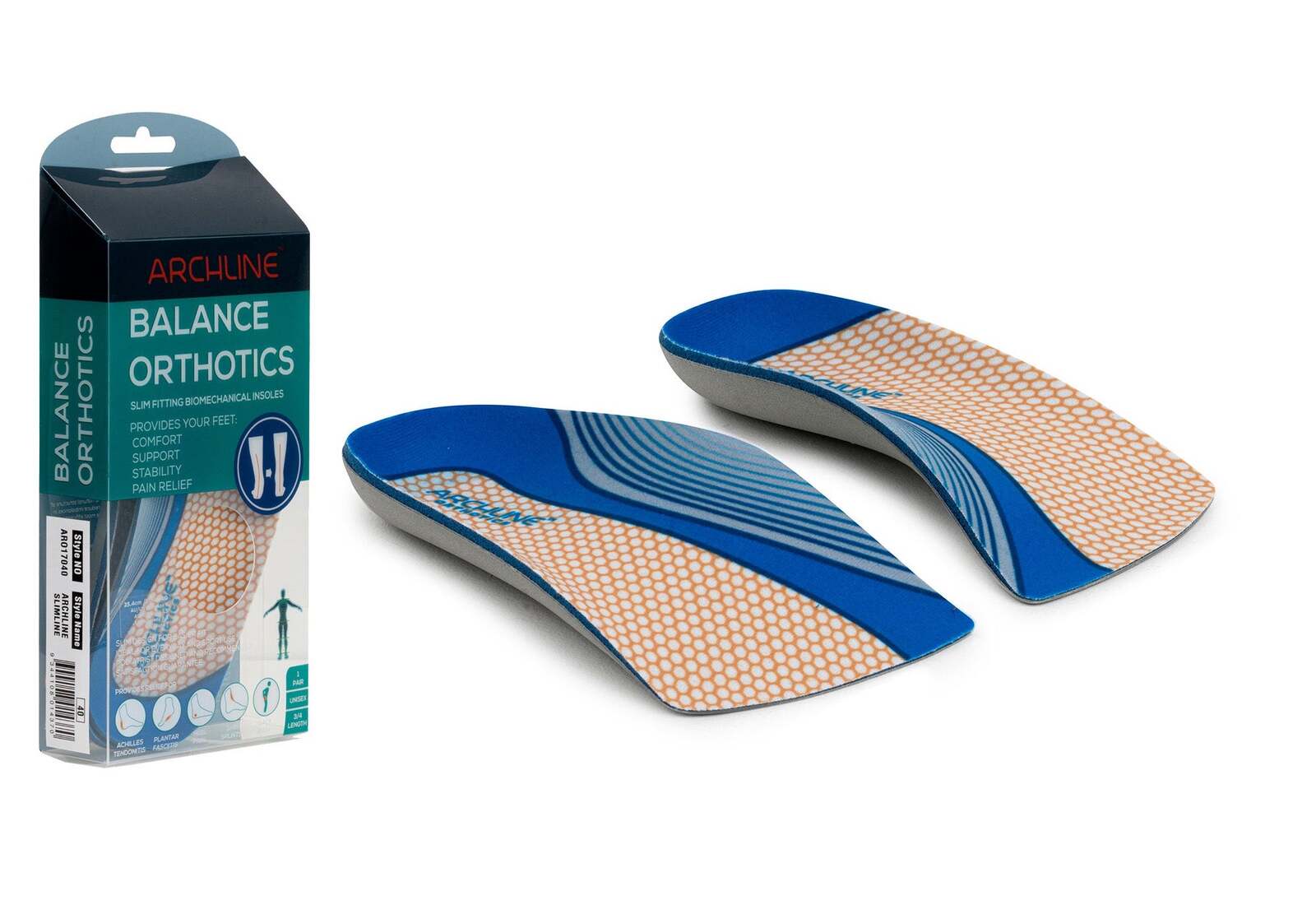 ARCHLINE 3/4 Slim Orthotics Plantar Fasciitis Insoles Balance Support Relief - EUR 36