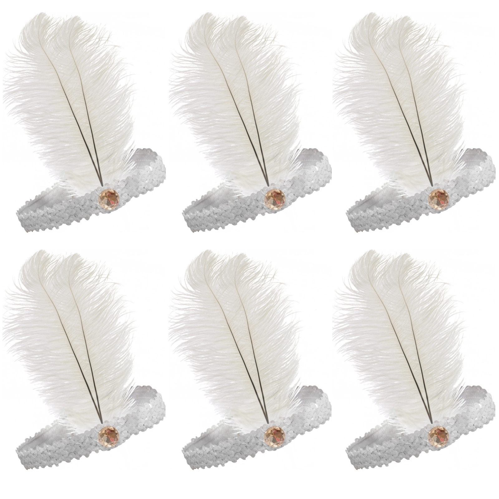 6x 1920s FLAPPER HEADBAND Headpiece Feather Sequin Charleston Costume Party BULK - White