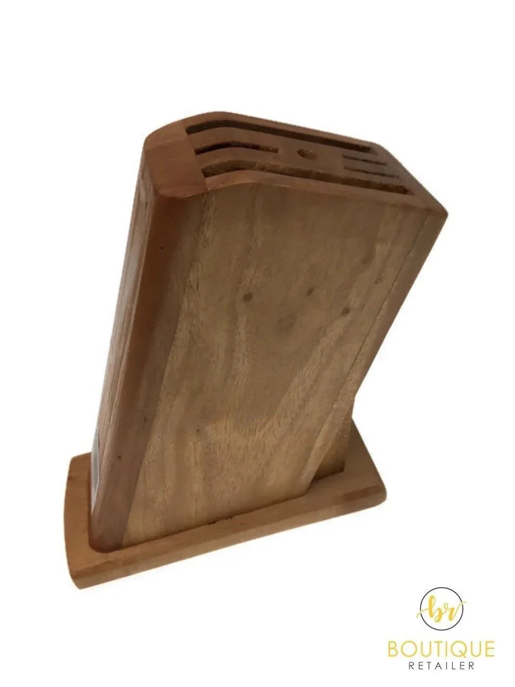 Wooden knife block with multiple knife slots on a white background