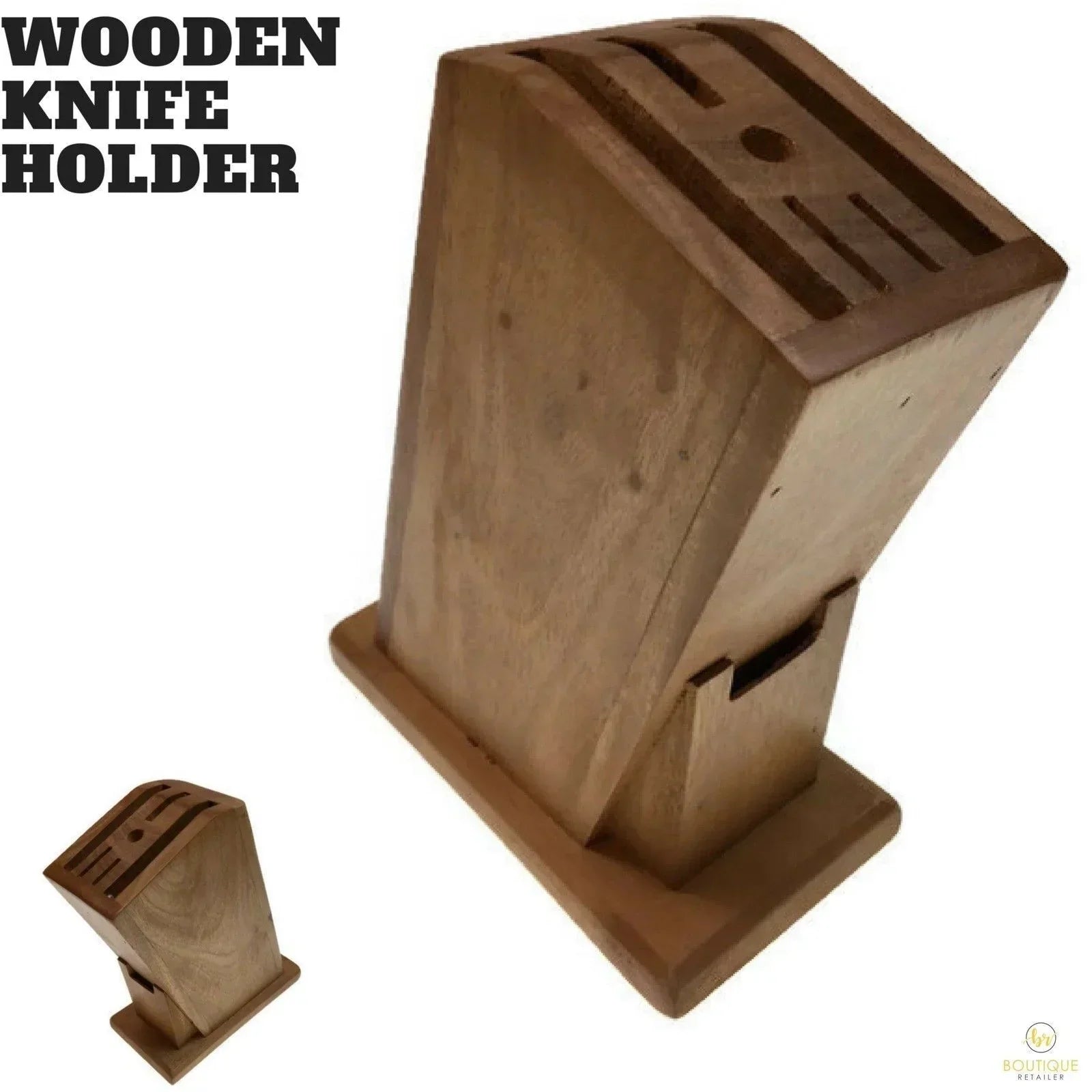 Wooden knife holder with a smaller version on a white background