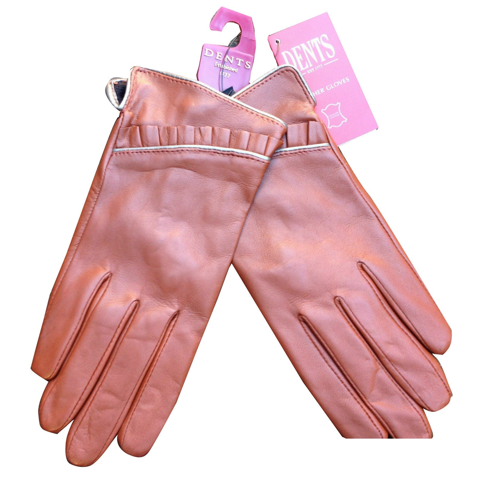 Ladies Sheepskin Lined Ruffle Piping Gloves Driving LL1017 Purple Cognac - Cognac - Large