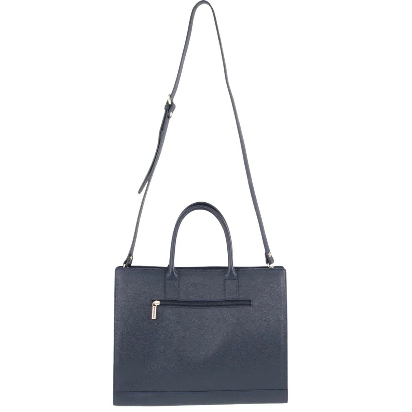 Italian Structured Leather Tote Unisex Computer Bag Handbag - Navy