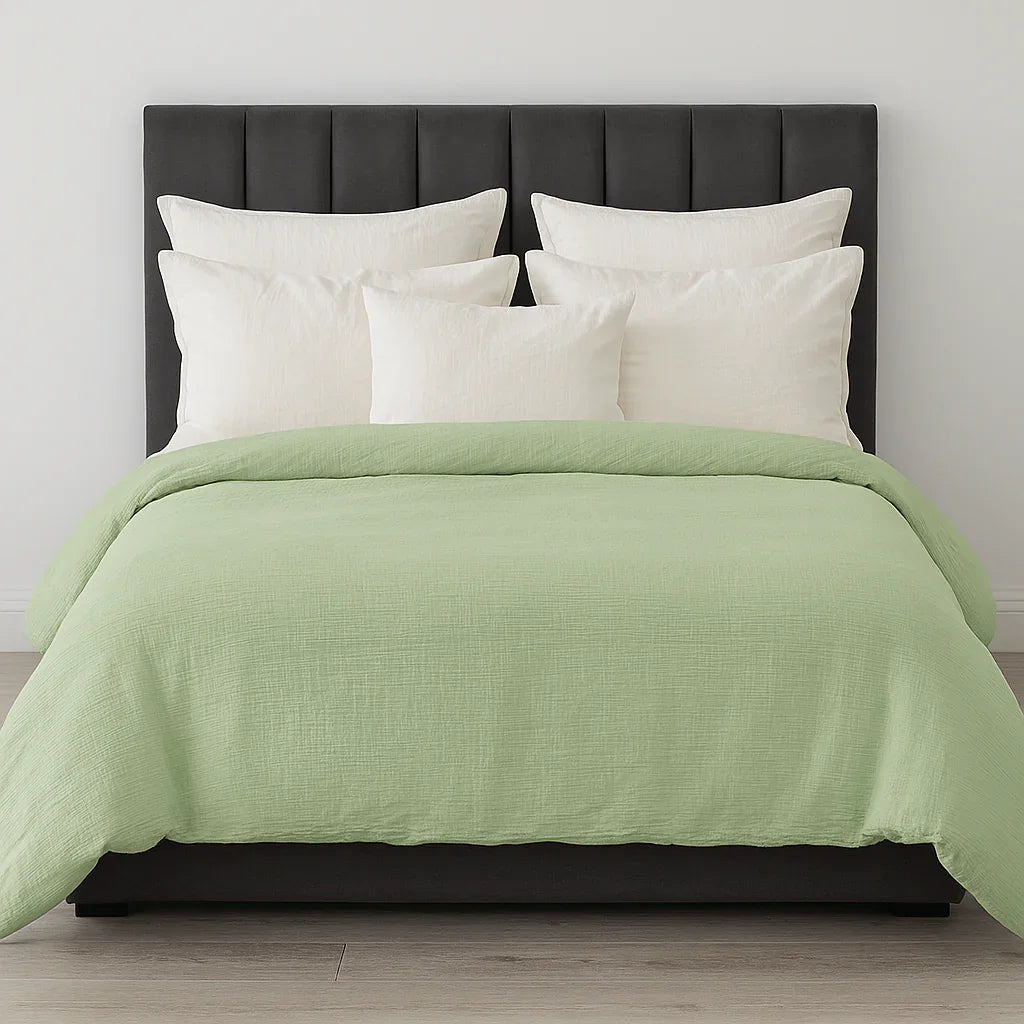 100% Cotton Muslin Duvet Quilt Cover Set w/ 2 Pillow Cases in Pastel Green - Double