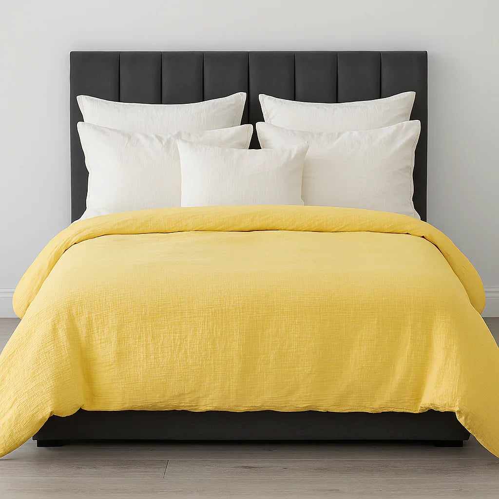 100% Cotton Muslin Duvet Quilt Cover Set w/ 2 Pillow Cases in Yellow - Double