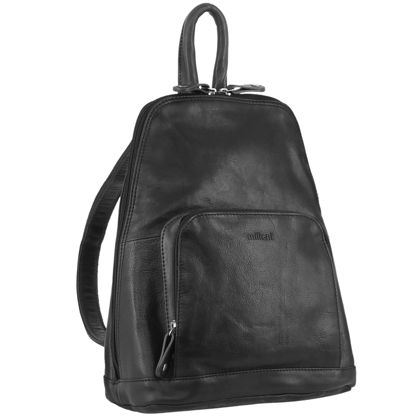 Womens Twin Zip Backpack Nappa Italian Leather Travel Bag - Black