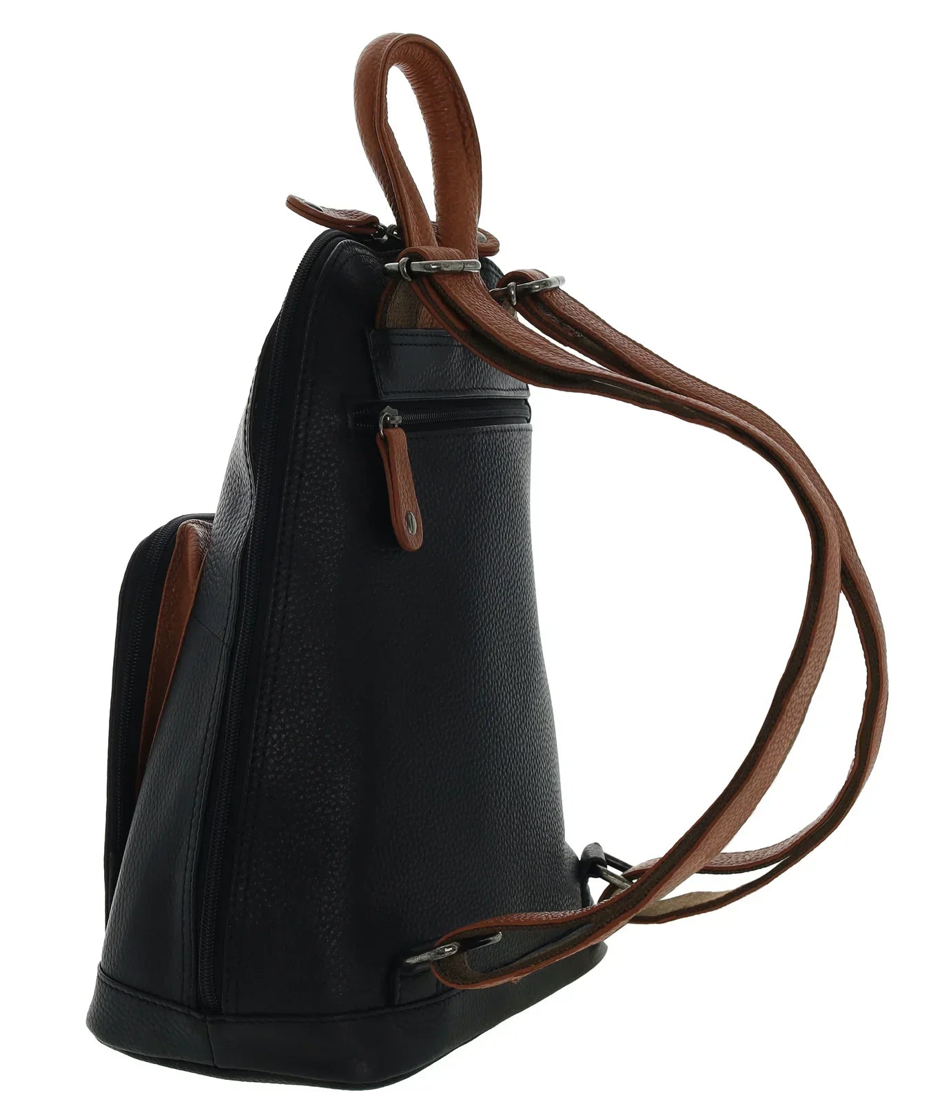 Genuine Italian Leather Soft Nappa Leather Backpack Bag Travel - Black/Cognac