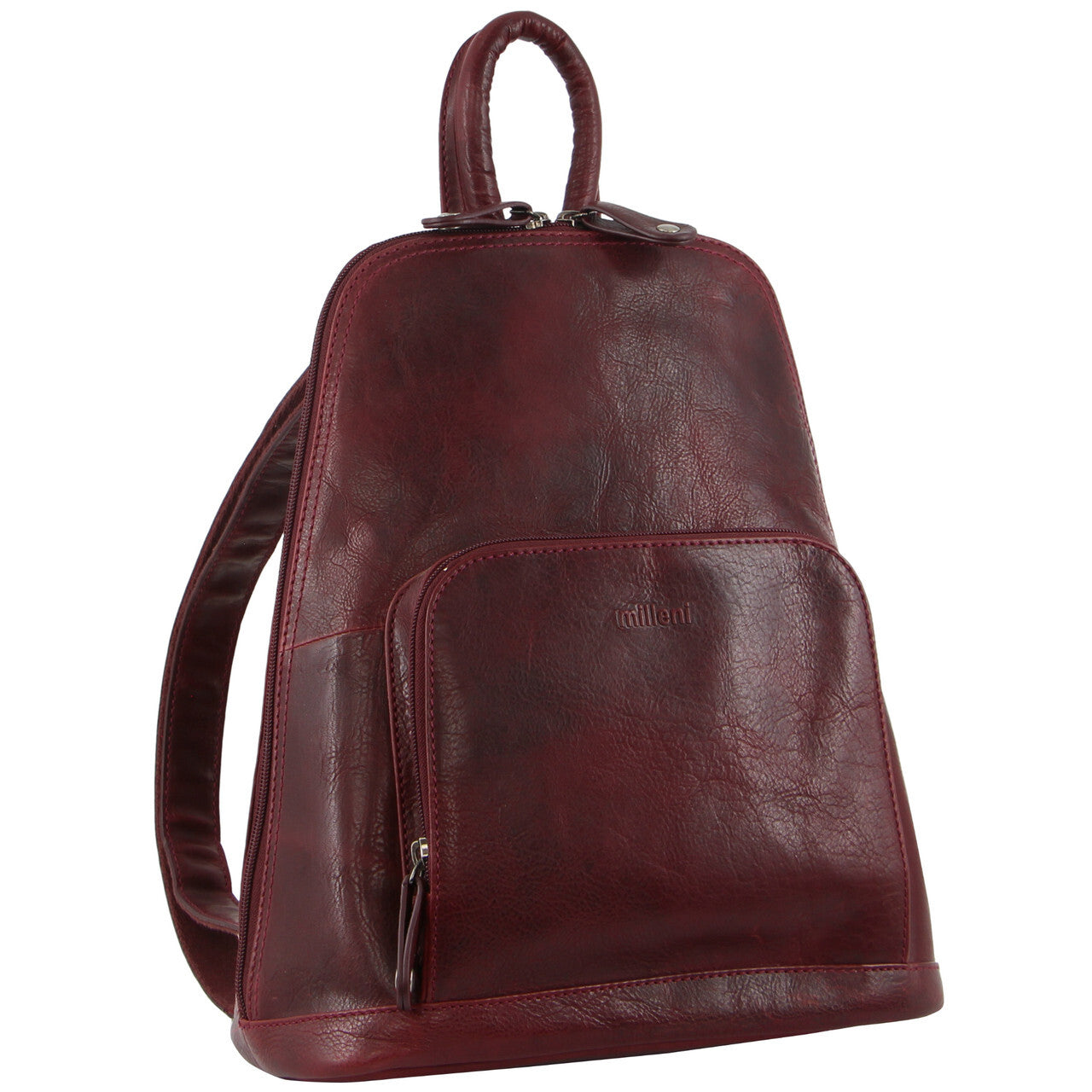 Womens Twin Zip Backpack Nappa Italian Leather Bag Travel - Cherry