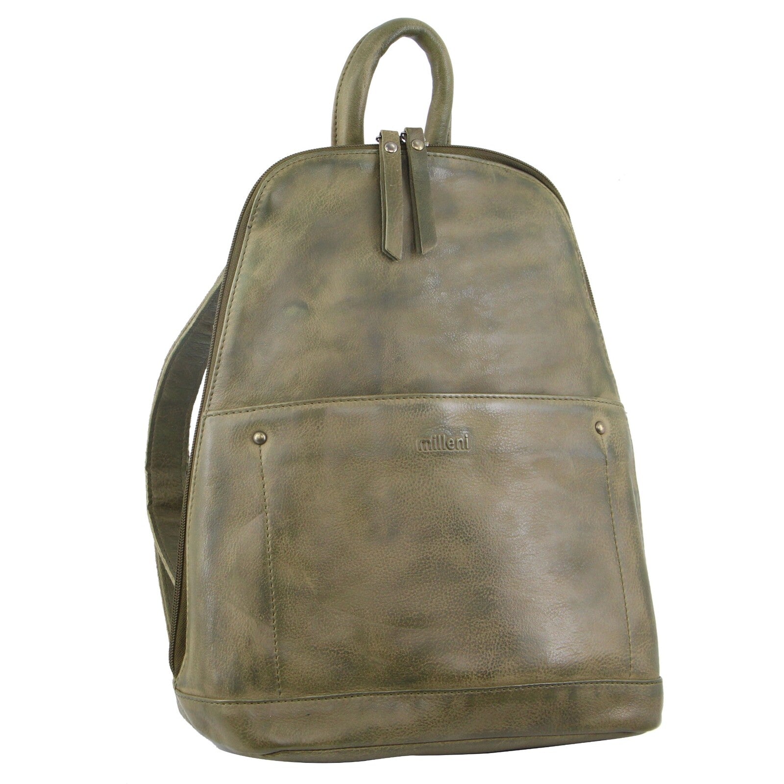 Ladies Genuine Italian Leather Backpack Bag Twin Zip - Olive