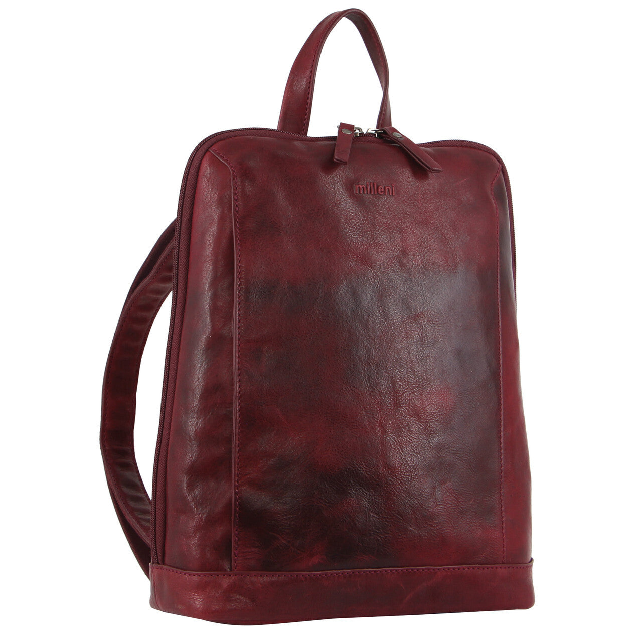 Ladies Nappa Leather Bag Twin Zip Backpack w/ Zipped Pocket - Cherry Red