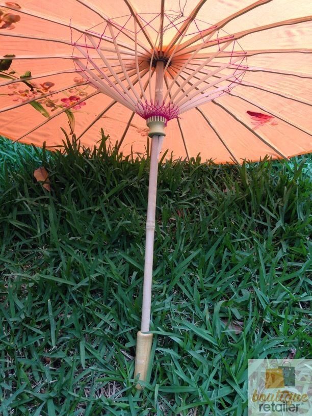 PARASOL UMBRELLA Chinese Japanese Bamboo Flower Pattern Fabric 80cm Diameter - Orange