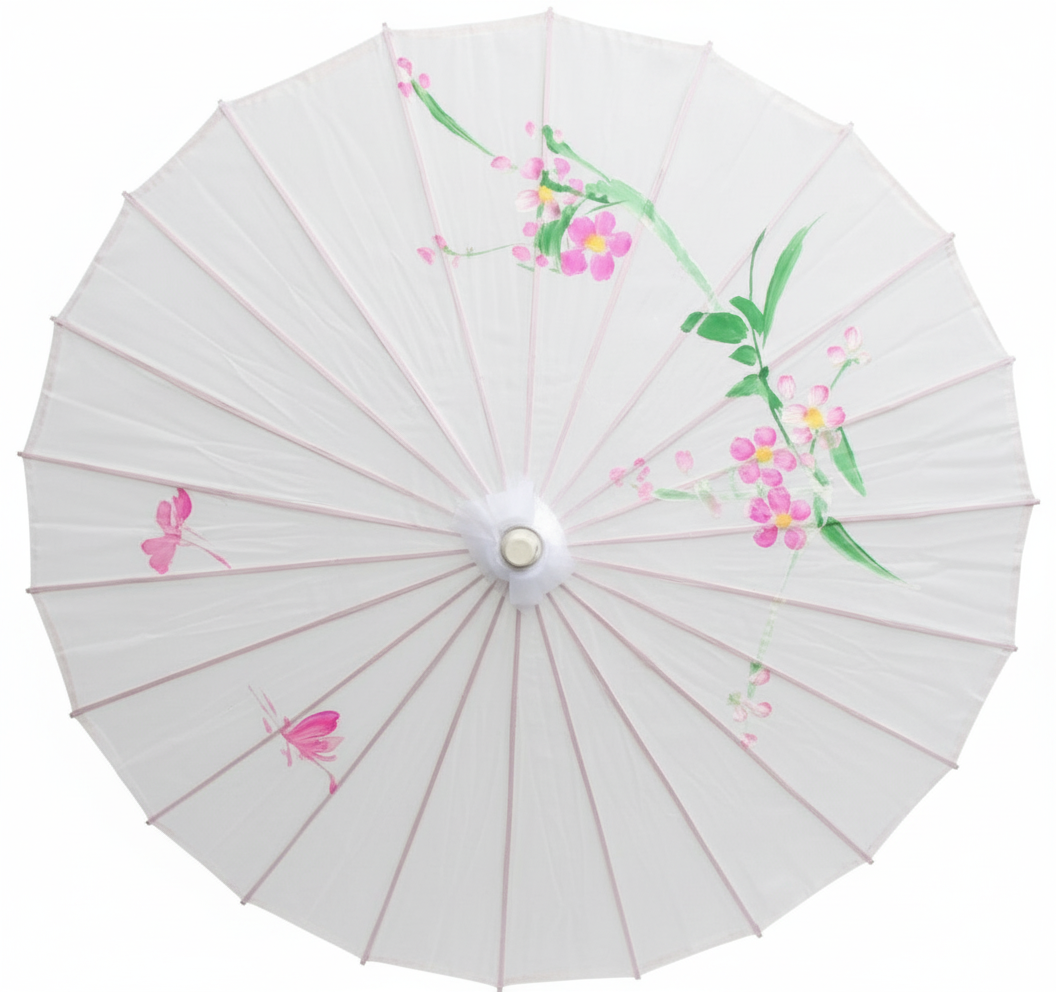 PARASOL UMBRELLA Chinese Japanese Bamboo Flower Pattern Fabric 80cm Diameter - White